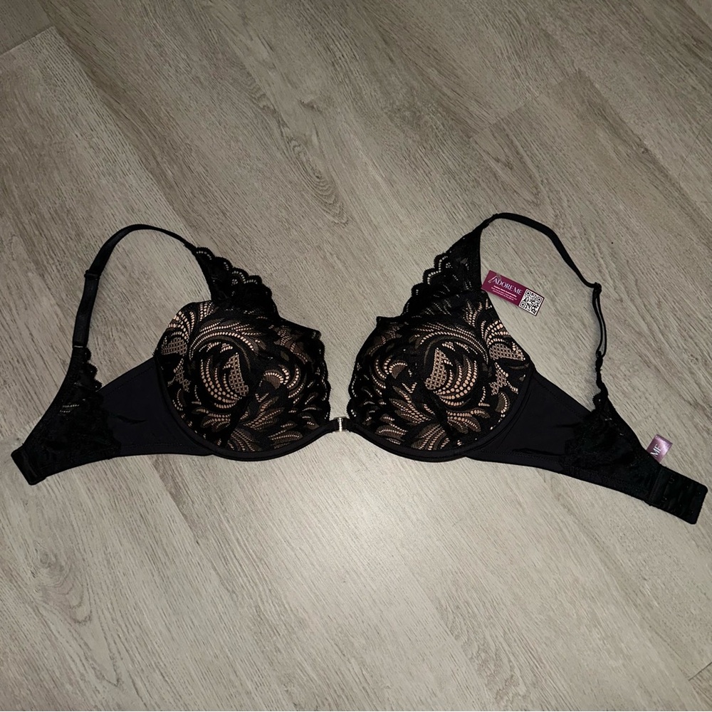 Adore Me Black Lace Push-Up Bra with Floral Accents
